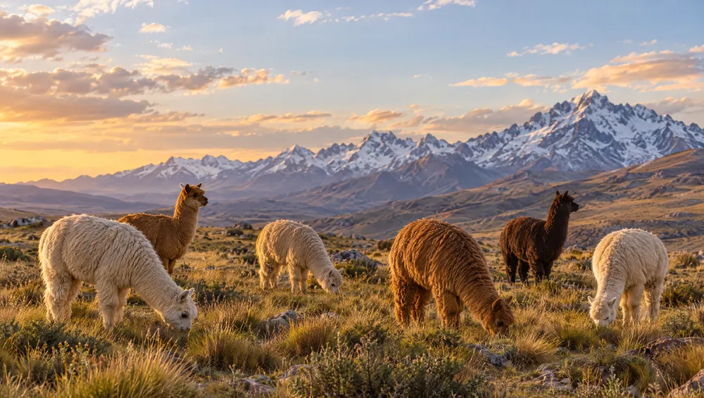 Alpacas grazing in the Andes at sunset