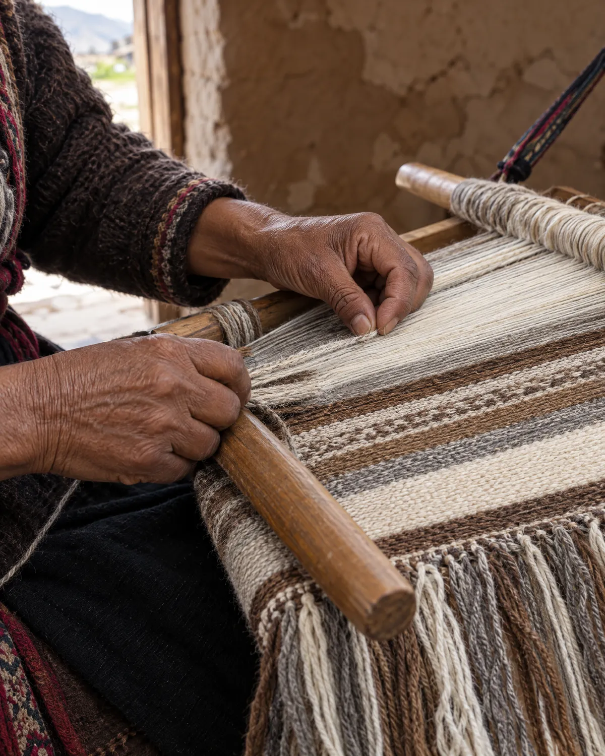 An artisan's hands weaving natural alpaca yarn on a wooden loom