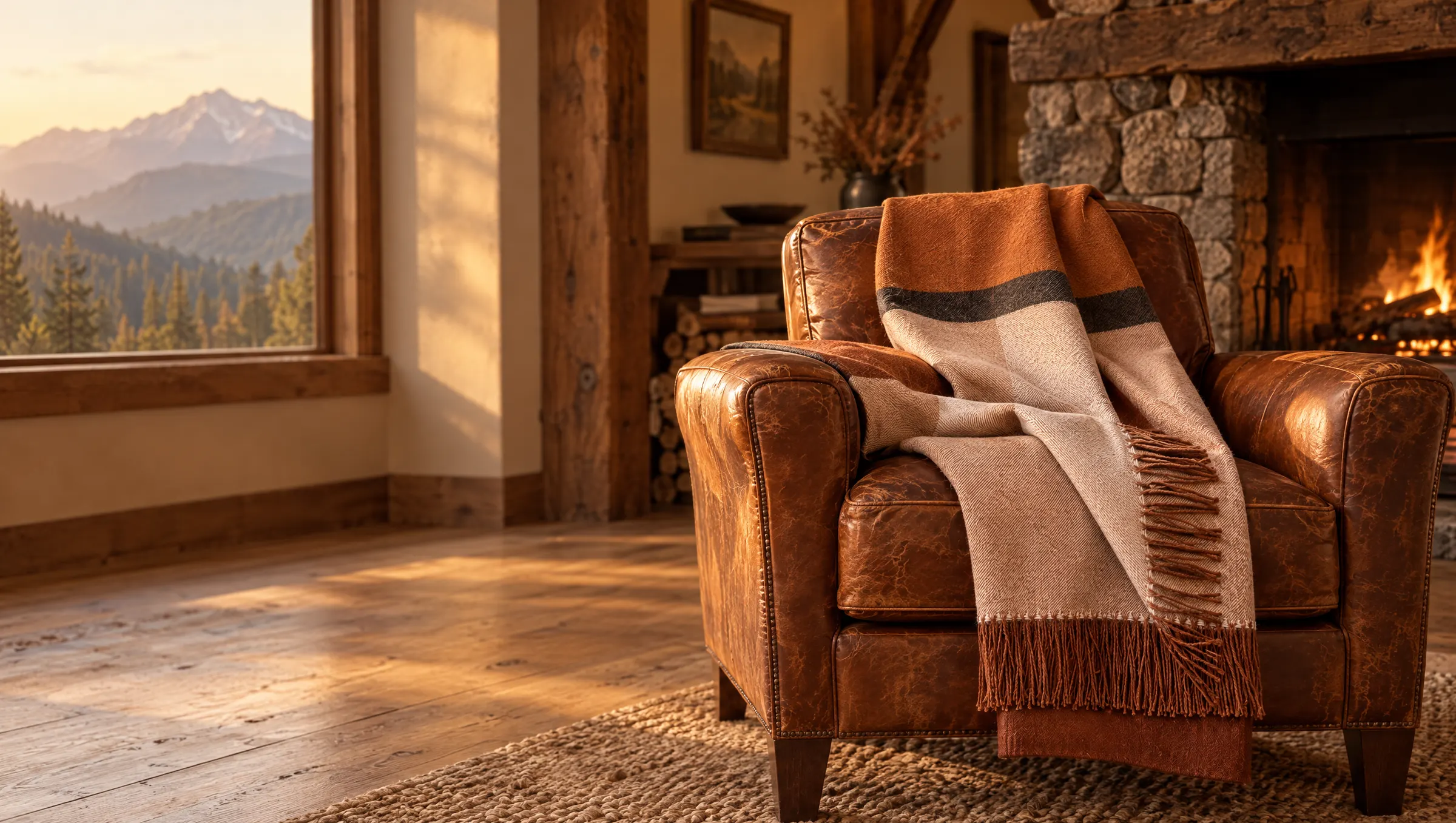 Copper and blush alpaca throw draped over a leather armchair beside a stone fireplace