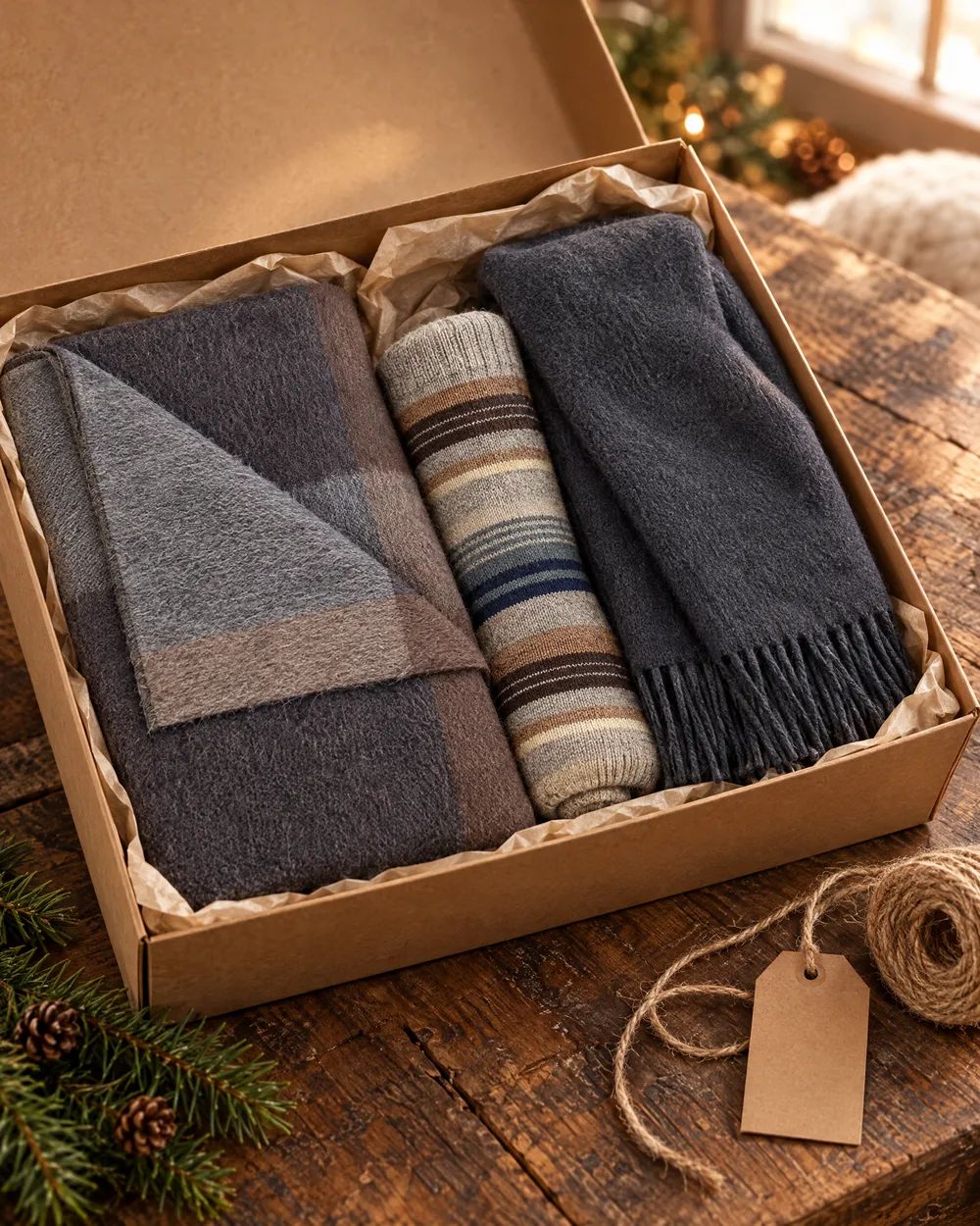 Woodland throw, Cabin Socks and Charcoal scarf in a kraft box