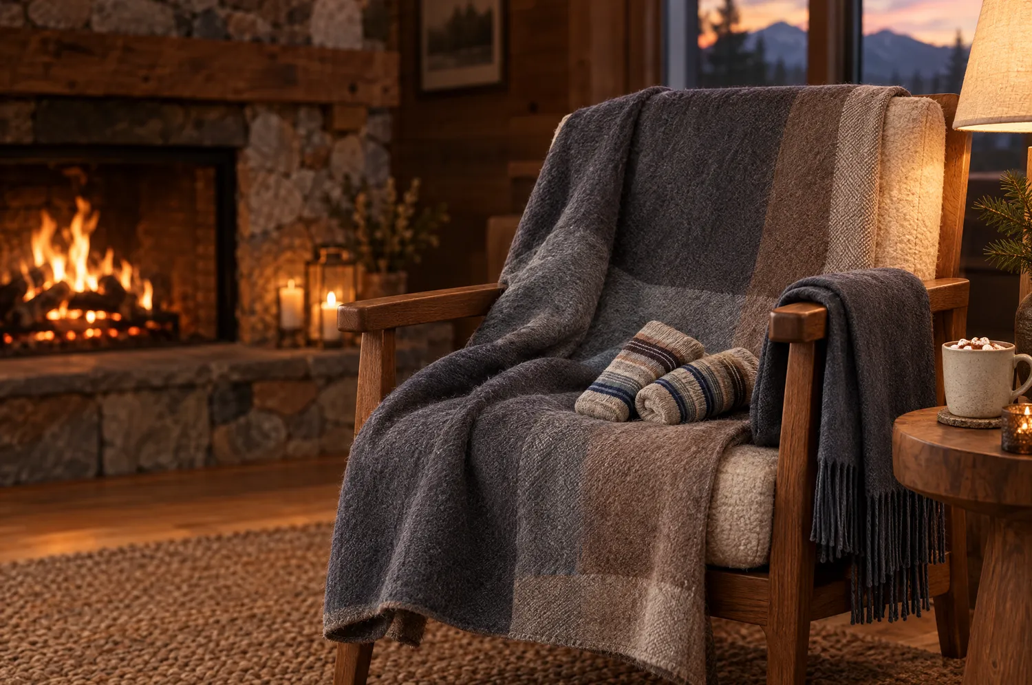 Woodland throw, Cabin Socks and Charcoal scarf on an armchair by the fire