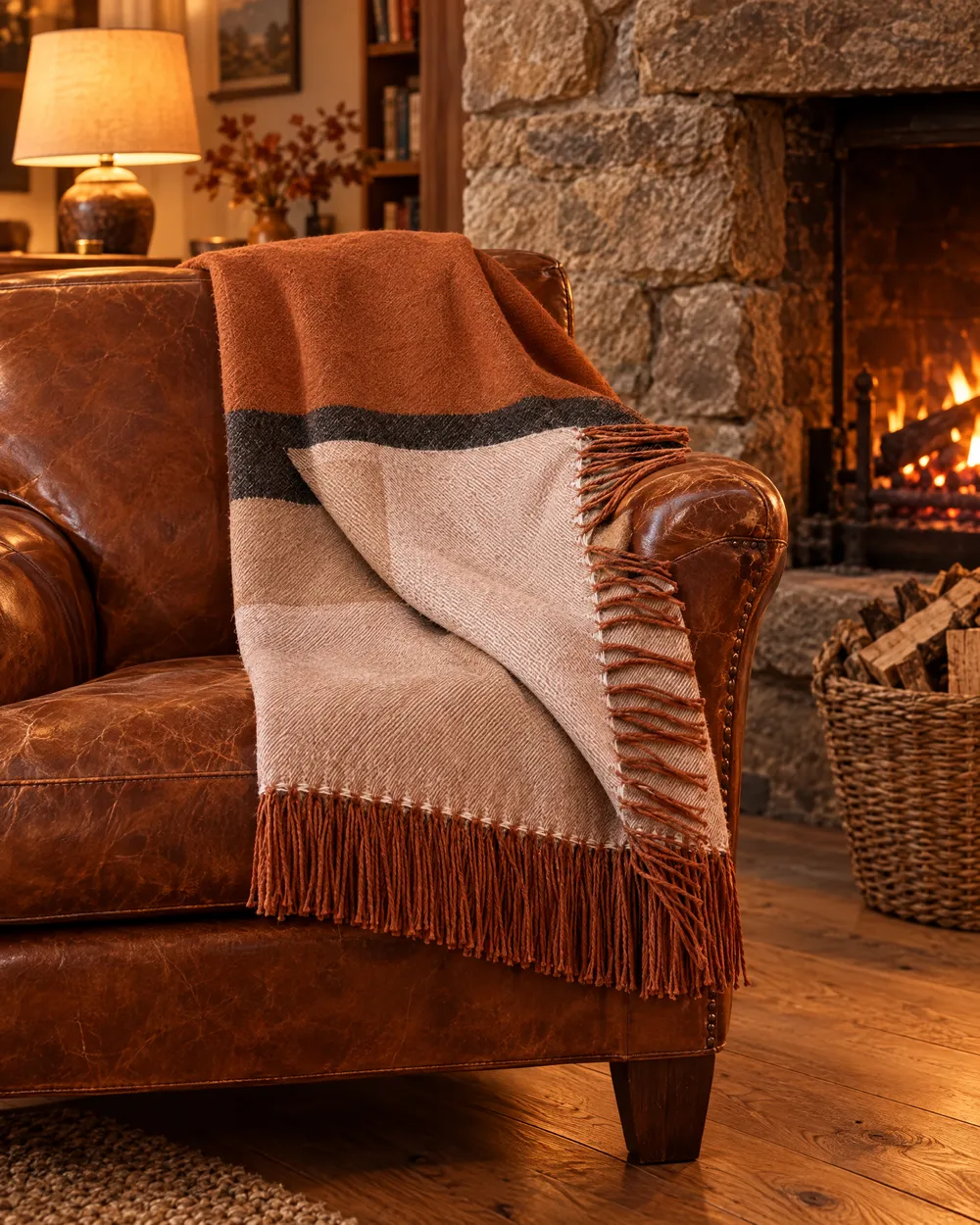 Russet throw on a leather armchair beside a stone fireplace